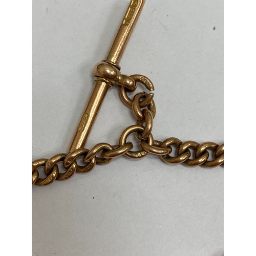 49 - A 9ct rose gold graduated curb link Albert, with attached T-bar, swivel and bolt ring, 34cm long, we... 