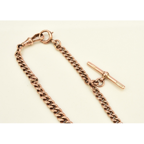49 - A 9ct rose gold graduated curb link Albert, with attached T-bar, swivel and bolt ring, 34cm long, we... 