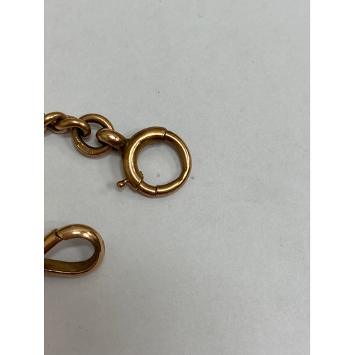 49 - A 9ct rose gold graduated curb link Albert, with attached T-bar, swivel and bolt ring, 34cm long, we... 
