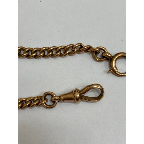 49 - A 9ct rose gold graduated curb link Albert, with attached T-bar, swivel and bolt ring, 34cm long, we... 