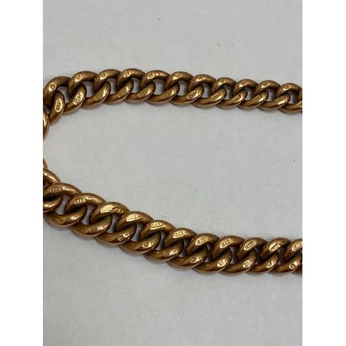 49 - A 9ct rose gold graduated curb link Albert, with attached T-bar, swivel and bolt ring, 34cm long, we... 