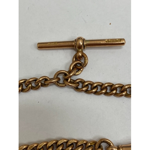 49 - A 9ct rose gold graduated curb link Albert, with attached T-bar, swivel and bolt ring, 34cm long, we... 