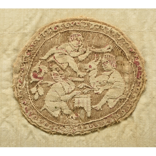 155 - A Coptic textile panel, 4th-6th century A.D. Of round form and woven with three figures and a beast ... 