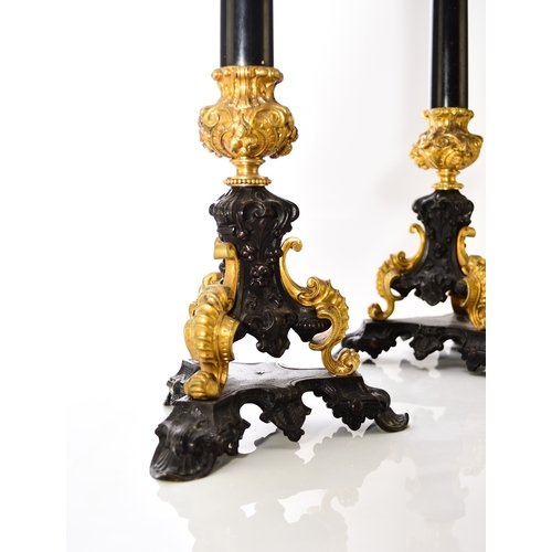 157 - A pair of bronze, ormolu and marble candelabra, late 19th century With five scroll branches having g... 
