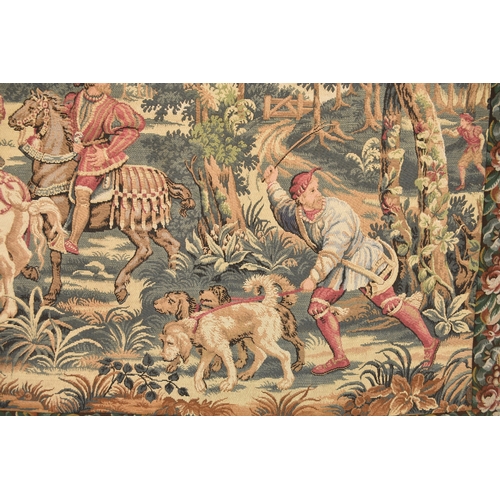 166 - A French tapestry wall hanging, first half 20th century Woven with a medieval hunting scene in a buc... 