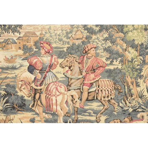 166 - A French tapestry wall hanging, first half 20th century Woven with a medieval hunting scene in a buc... 