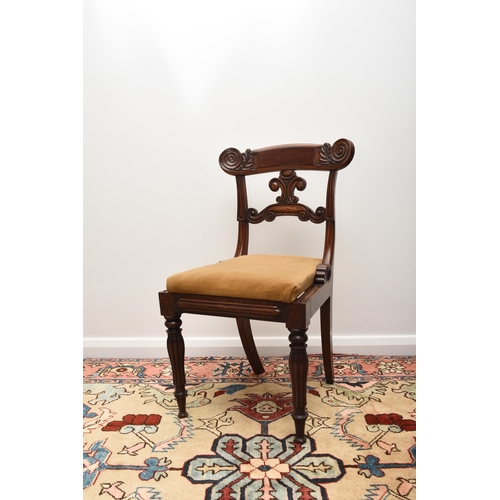 190 - A set of seven (6+1) William IV mahogany dining chairs The top rails with volute ends, over scroll-f... 