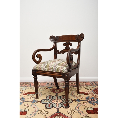 190 - A set of seven (6+1) William IV mahogany dining chairs The top rails with volute ends, over scroll-f... 
