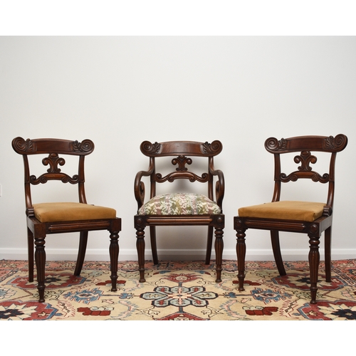 190 - A set of seven (6+1) William IV mahogany dining chairs The top rails with volute ends, over scroll-f... 