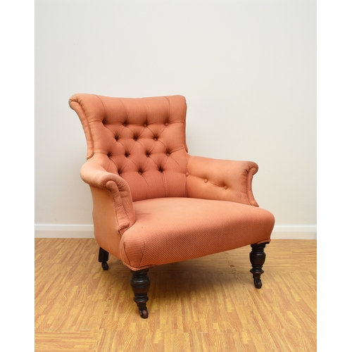 194 - Two 19th century upholstered wing armchairs The first of button back form, raised on turned mahogany... 