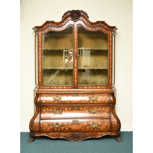 199 - A Dutch walnut, fruitwood and marquetry bombe display cabinet, 19th century The arched top centred b... 