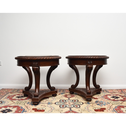 206 - A pair of Louis XV style drum-topped occasional tables Near contemporary, mahogany effect, the mould... 