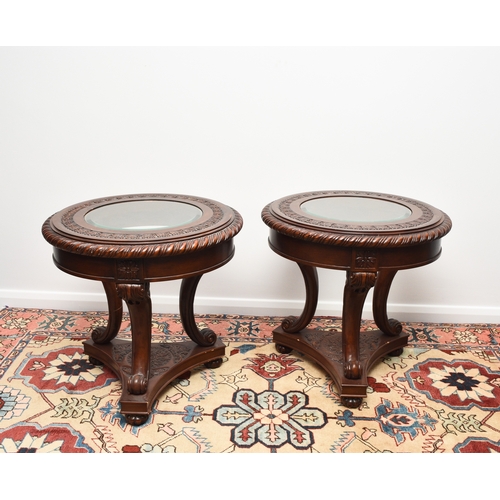 206 - A pair of Louis XV style drum-topped occasional tables Near contemporary, mahogany effect, the mould... 