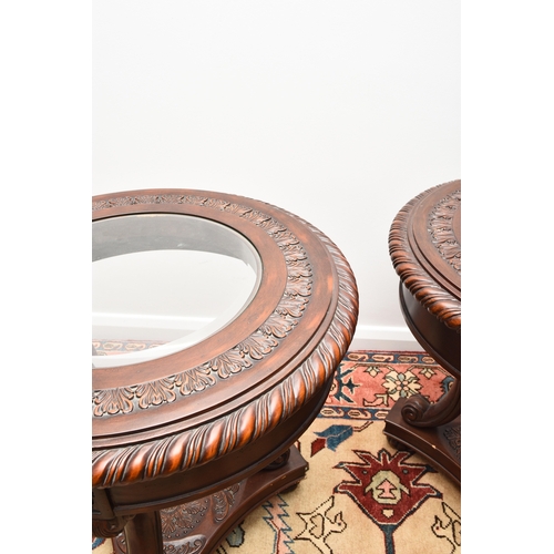 206 - A pair of Louis XV style drum-topped occasional tables Near contemporary, mahogany effect, the mould... 