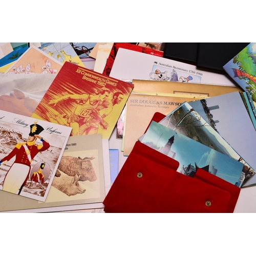 142 - Box containing an assortment of mainly Australasian stamps, cards, covers, presentation packs etc, i... 