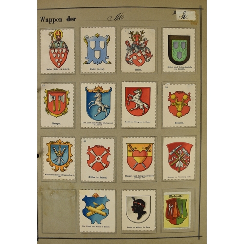 143 - Two albums containing 1890-1910 period poster stamps showing crests on white card (Wappen vershnetto... 