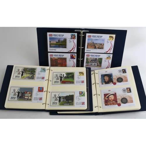 145 - Collection of Sport, Downton Abbey and Royalty stamps on covers. Two blue albums containing 140 Merc... 