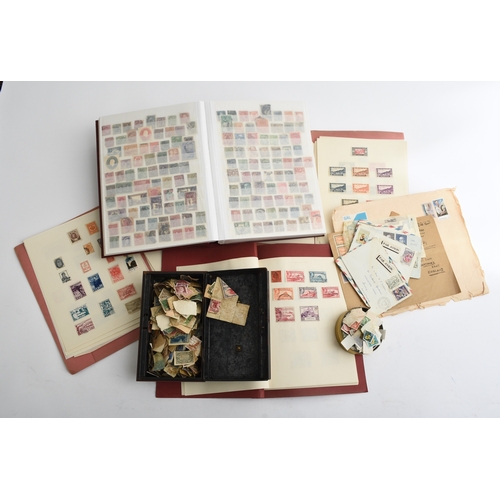 154 - Large accumulation of stamps in a box: stamps on pages in tins, in bag, in binders. Large red stock ... 