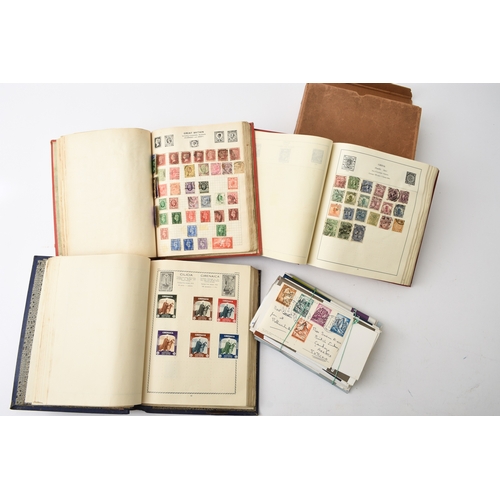 182 - A box of world stamps containing three albums, a small box of stamps in packets and another 