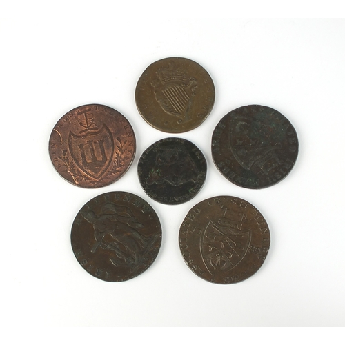 188 - A small collection of Irish and Scottish copper tokens comprising:  Cronebane halfpenny dated 1789 ... 