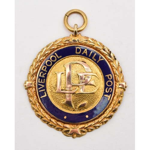 199 - Liverpool Daily Post - Points Medal, 9ct gold and blue enamel, circular medal Birmingham 1935 Diamet... 