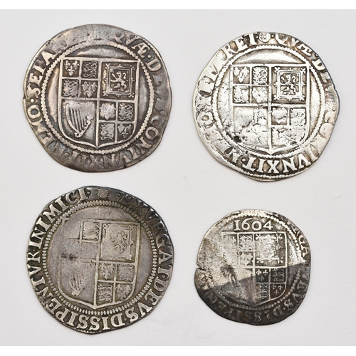 210 - James I 1603-25, three shillings - Spink Ref 2645, 2654 and 2656 and sixpence dated 1604 - Spink Ref... 