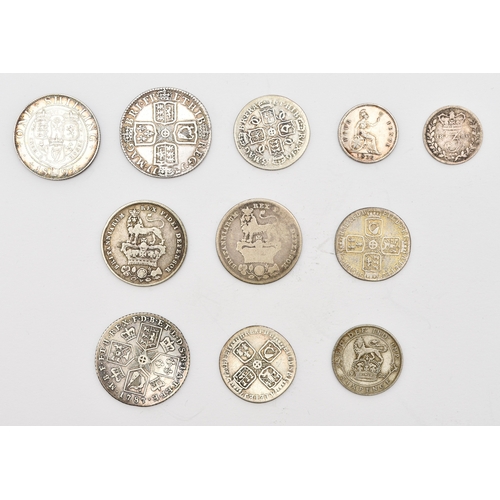 217 - Collection of silver coinage comprising: Anne Shilling dated 1711 - Spink ref 3618, George III shill... 