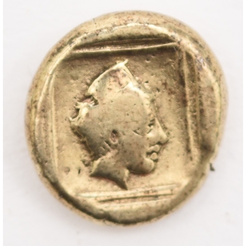 225 - Greek - electrum hekte, Mytilene, Lesbos - 412-378BC diam 11mm weight 2.6grms helmeted head of Athen... 