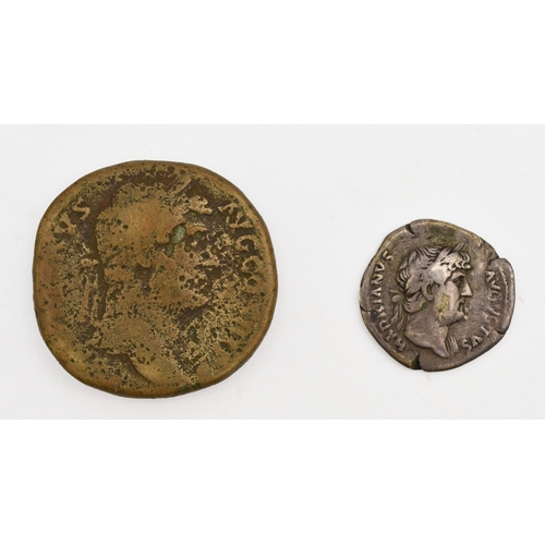 263 - Two imperial Roman coins comprising: Hadrian (117-138 AD) - Bronze Sestertius and a silver Denarius;... 