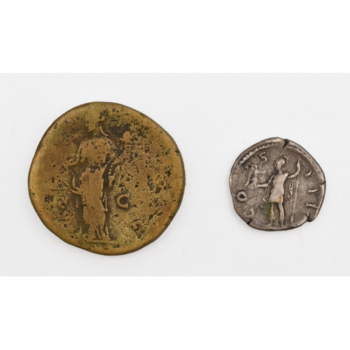 263 - Two imperial Roman coins comprising: Hadrian (117-138 AD) - Bronze Sestertius and a silver Denarius;... 