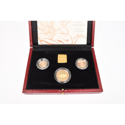 282 - Royal Mint - the 1999 UK Gold proof three coin Sovereign collection - Two pounds, Sovereign, half So... 