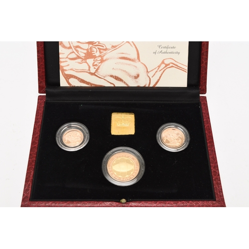 282 - Royal Mint - the 1999 UK Gold proof three coin Sovereign collection - Two pounds, Sovereign, half So... 