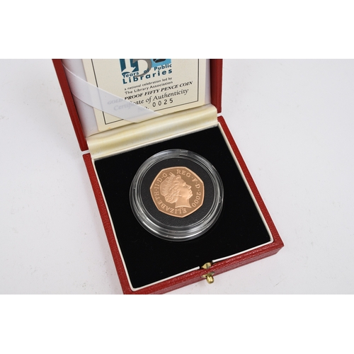 294 - Royal Mint 2000 gold proof fifty pence coin -150th Anniversary of Public Libraries, within capsule, ... 