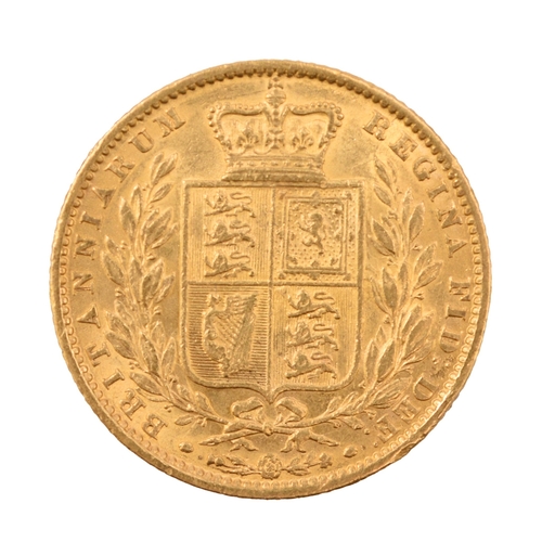 296 - Victoria Gold Young Head Sovereign, shield back, dated 1863, within fitted case