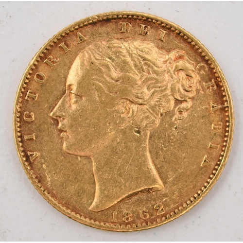 298 - Victoria Gold Young Head Sovereign, shield back, dated 1862, within fitted case