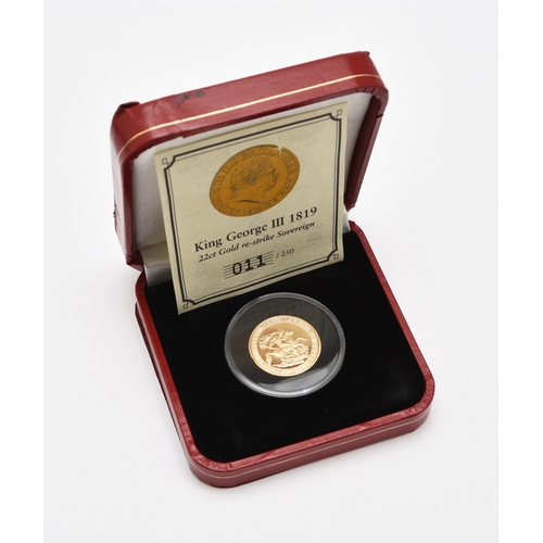 301 - Pobjoy Mint George III 22ct Gold replica Sovereign dated 1819, limited edition 11/250, within capsul... 