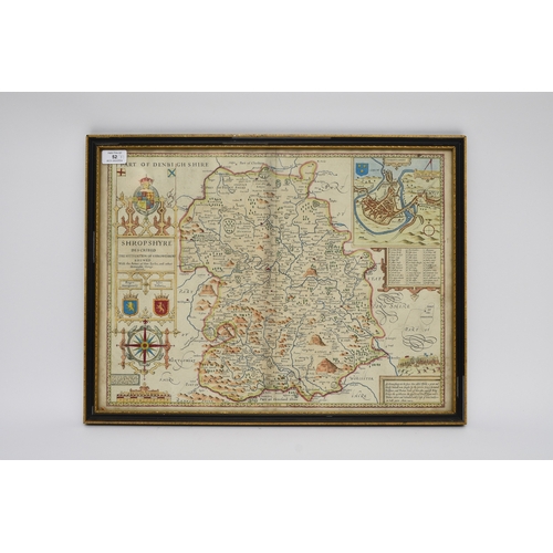 53 - SPEED, John, Map of Shropshire, 380mm x 510mm, Bassett & Chiswell [1676]. Hand coloured, framed and ... 