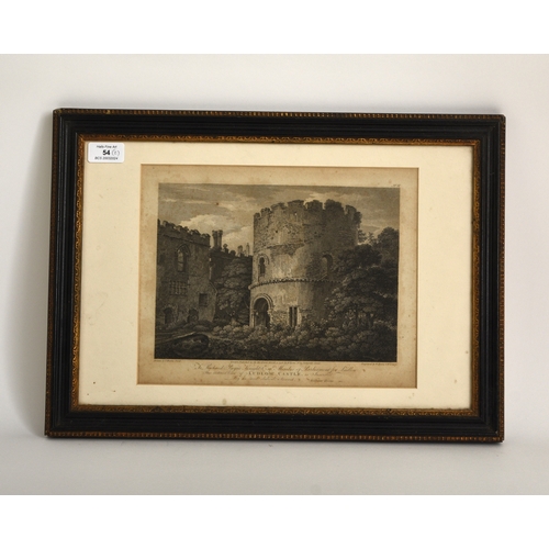 54 - VIEW OF LUDLOW CASTLE by T Hearne, 1798. 210mm x 260mm, hand coloured. With an interior view of Ludl... 