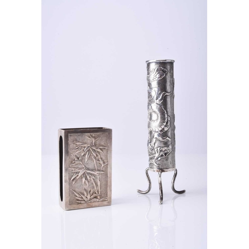 101 - Wang Hing, a Chinese silver bud vase and matchbox holder The vase of cylindrical form and raised on ... 