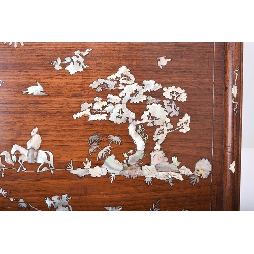 119 - A Chinese mother-of-pearl inlaid rosewood rectangular tray, Qing Dynasty Decorated with a scene of a... 