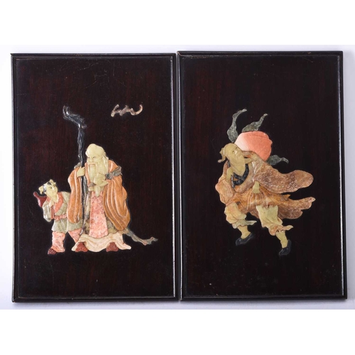 121 - A pair of Chinese hardstone inlaid rosewood panels, Republic Of rectangular form and inset with mixe... 