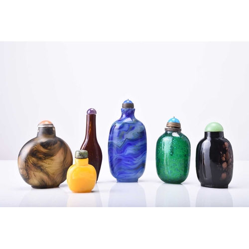 155 - A group of six Chinese glass snuff bottles, 19th/20th century All of flattened ovoid form and colour... 