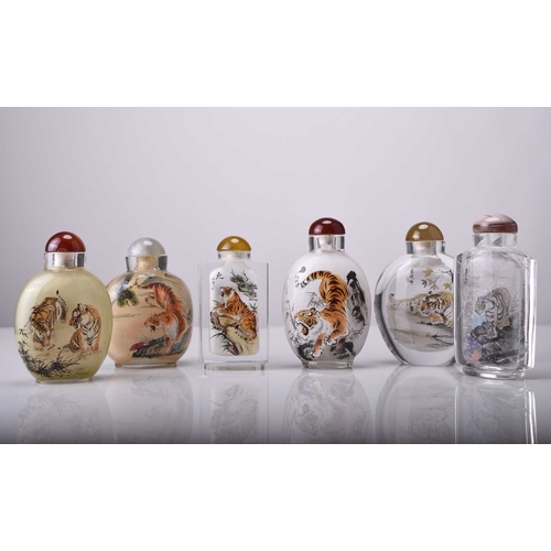 166 - A group of six Chinese internally painted glass snuff bottles, 20th century Four of flattened ovoid ... 