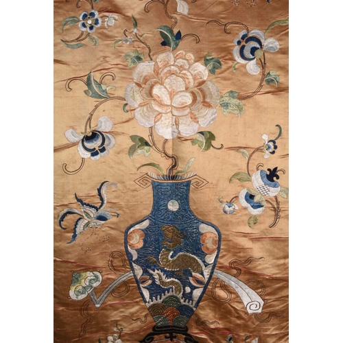 199 - A Chinese embroidered silk wall hanging, Qing Dynasty Circa 1900 Of vertical aspect and worked in co... 