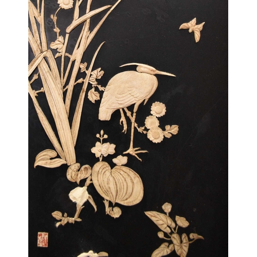 223 - A Japanese lacquer and shibayama two-fold screen Inset with panels Inlaid with bone depicting birds ... 