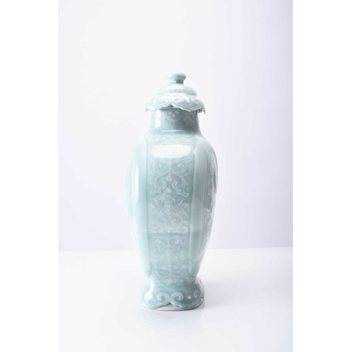 41 - A Chinese carved celadon-glazed Ruyi vase and cover Incised Qianlong seal mark but likely later Of l... 