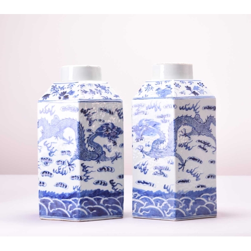 43 - A pair of Chinese blue and white tea canisters, four-character Qianlong marks Of hexagonal section a... 