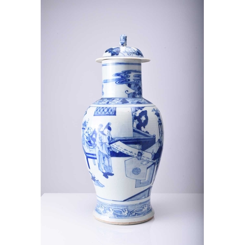 50 - A Chinese blue and white vase and cover, late Qing Dynasty Of ovoid form and decorated in the Kangxi... 