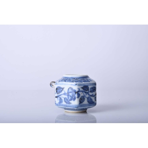 56 - A rare Chinese blue and white bird feeder, Xuande six-character mark Of hexagonal form with small lo... 