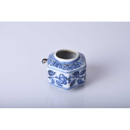 56 - A rare Chinese blue and white bird feeder, Xuande six-character mark Of hexagonal form with small lo... 